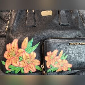 SOLD-CUSTOMIZED Michael Kors Black Bag and Wallet With Tiger Lilies